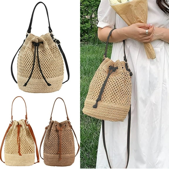 Straw Bucket Bag for Women, Summer Woven Beach Bag Drawstring Hobo Bucket Purses Handbag for Vacation