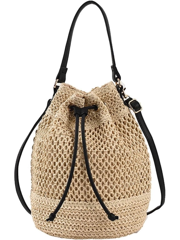 Straw Bucket Bag for Women, Summer Woven Beach Bag Drawstring Hobo Bucket Purses Handbag for Vacation