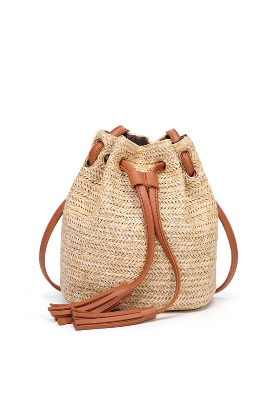 Straw Bucket Crossbody Bags for Women Drawstring Purse Large Vacation Handbags Summer Beach Bag