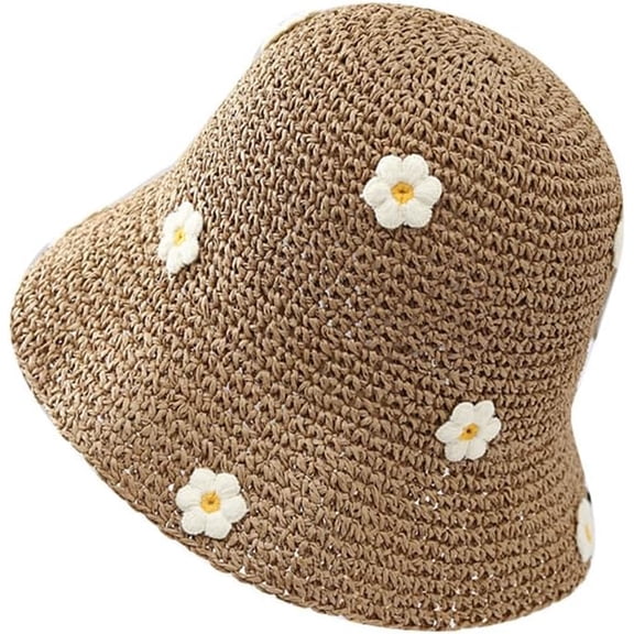 Straw Bucket Hat for Women Foldable Sun Hat Wide Brim Flower Beach Hat Floppy Bucket Hat