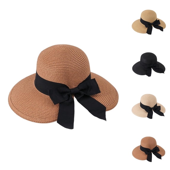 Straw Bucket Hats for Women Wide Brim Summer Sun Hat Floppy Beach Hat with Bow Tie