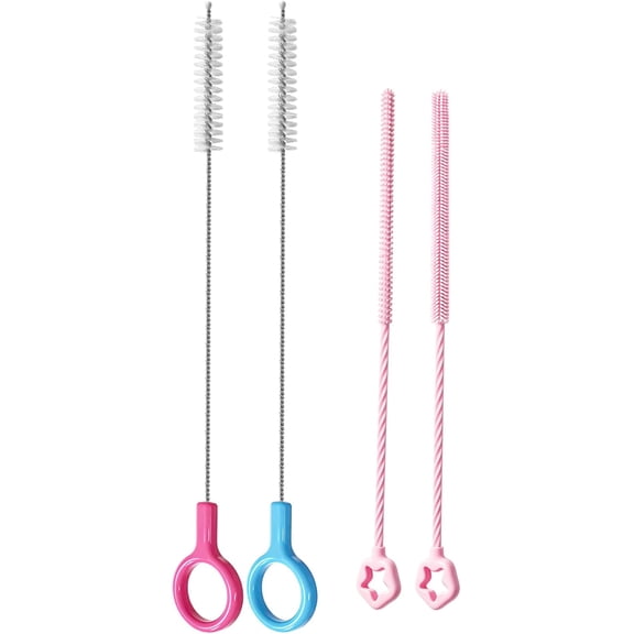 Straw Cleaner Brushes Set of 4 - Silicone Straw Cleaner Brush - Straw Brush with Non-Slip Handle in Extra-Long Straw Brush for Metal, Glass, Plastic Reusable Drinking Straws