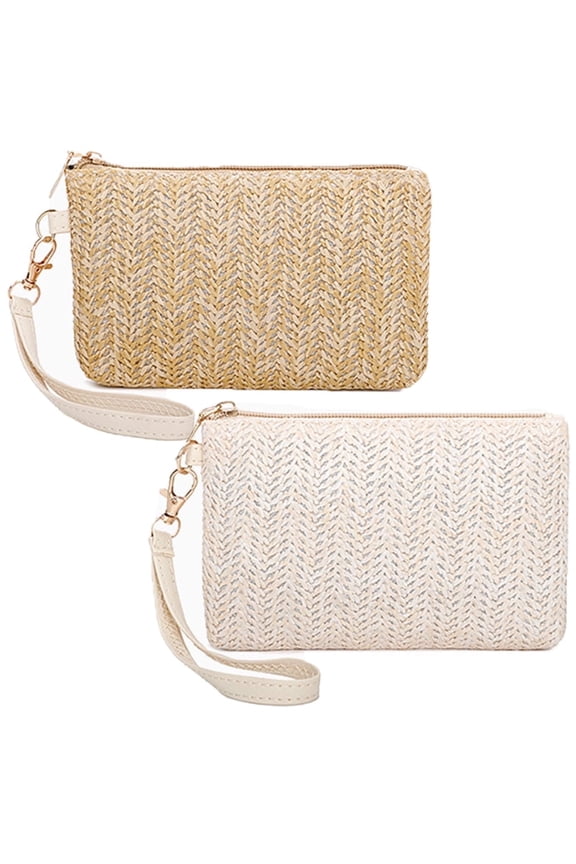 Straw Clutch Bag for Summer Beach, Stylish Zipper Wristlet Wallet for Women, Bohemian,2 Pcs
