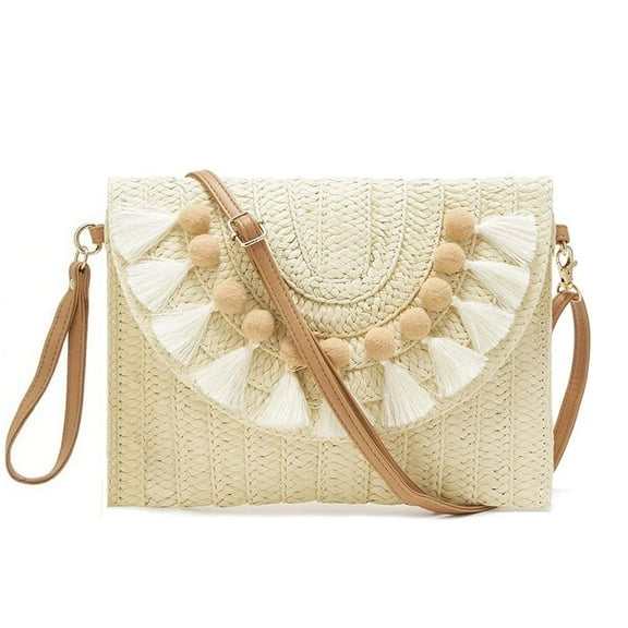 Straw Clutch Purse Women Crossbody Bag Summer Beach Shoulder Bags Envelope Wallet Handbags(Beige)