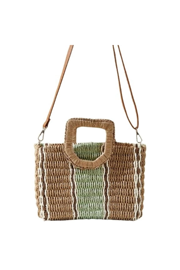Straw Color Block Handbag Women's Rattan Woven Beach Top Handle Purses Causal Vacation Travel Shoulder Crossbody Bags