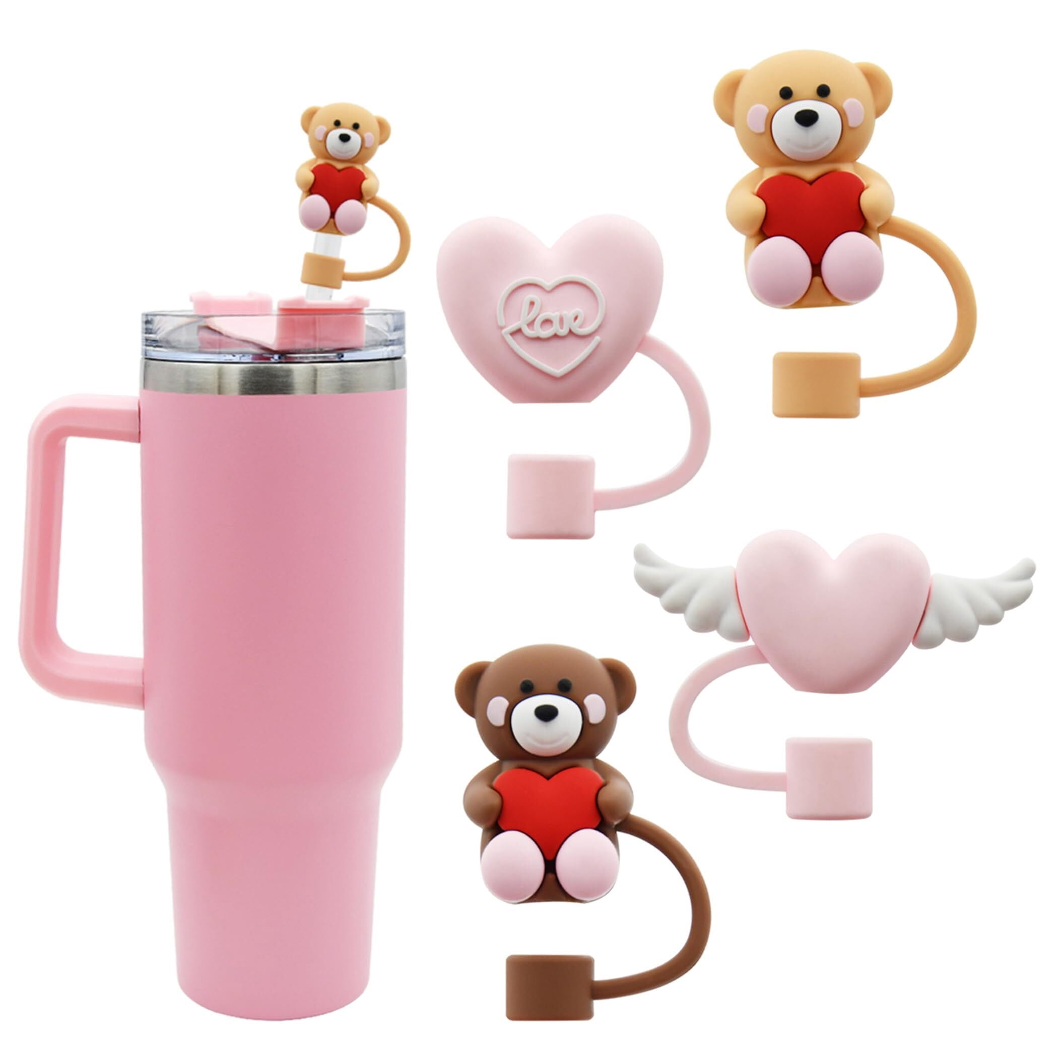 6-Piece Stanley Cup Accessories Set - Pink Silicone Straw Covers (10mm) With Flower Letter Charms