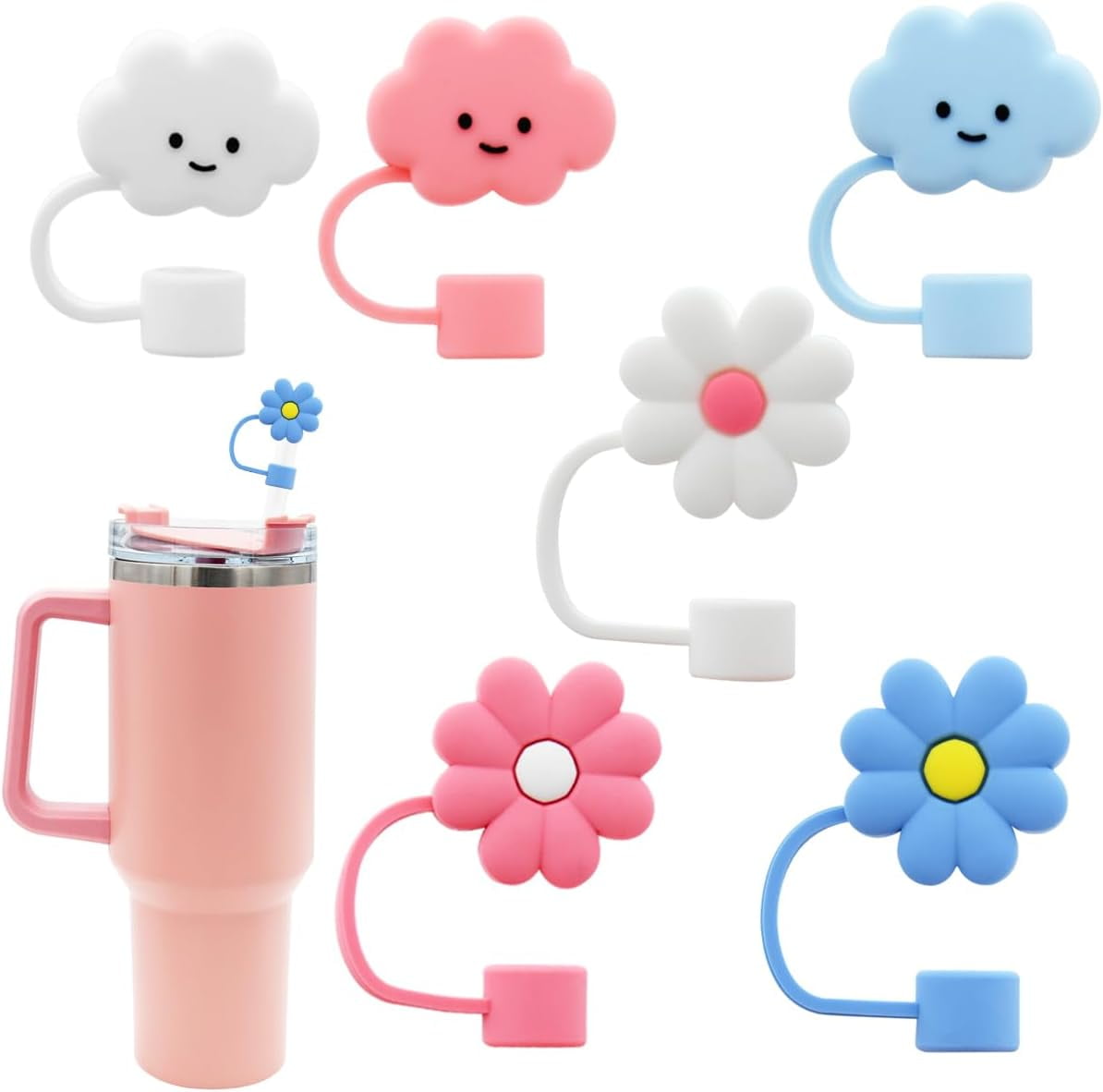 Straw Cover Cap for Stanley Cup,Silicone Straw Topper Compatible with 30&40 Oz Tumbler with Handle,10mm 0.4in Dust-Proof Reusable Straw Tips Lids (6Pcs Straw Cover Blue) 