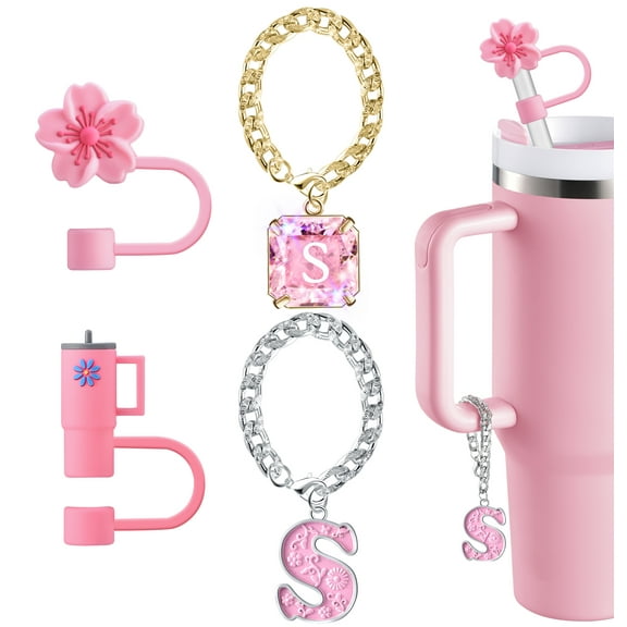 Straw Cover for Stanley Cup Accessories - Unique Crystal Letter Charms for Stanley Cups, Cute Flower & Cup Silicone Straws Topper Covers for 30 & 40 0z Tumbler with Handle, 10mm 0.4in Straw Cap