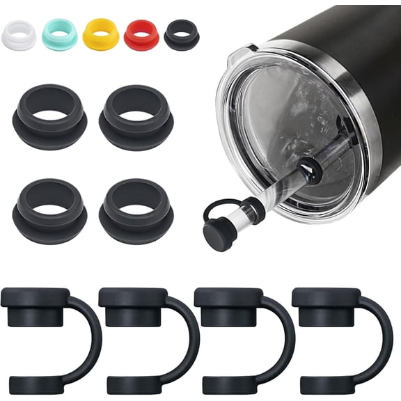 Straw Cover for YETI Cup, 4 Sets Silicone Spill Stopper Compatible with YETI Tumbler, Leak Proof Kit of Mug Accessories Including 4 Straw Cover, 4 Leak Proof Stopper (Black 4PCS)