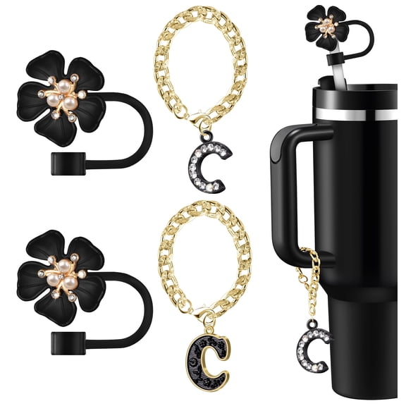 Straw Covers for Stanley Cup Accessories:Black Decorations for Stanley 30oz & 40oz Tumbler with Handle, Bling Letter Charms and Flower Silicone Straw Cap Topper, Trendy Stuff for Teen Girls and Women