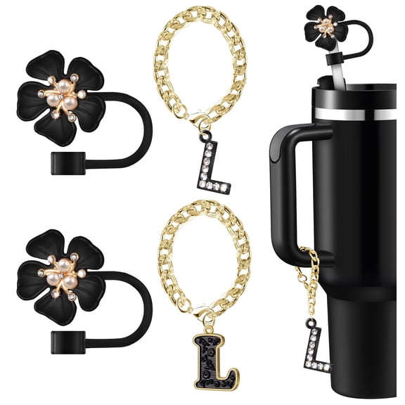 Straw Covers for Stanley Cup Accessories:Black Decorations for Stanley 30oz & 40oz Tumbler with Handle, Bling Letter Charms and Flower Silicone Straw Cap Topper, Trendy Stuff for Teen Girls and Women