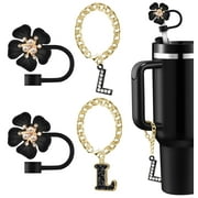 Straw Covers for Stanley Cup AccessoriesBlack Decorations for Stanley 30oz & 40oz Tumbler with Handle, Bling Letter Charms and Flower Silicone Straw Cap Topper, Trendy Stuff for Teen Girls and Women