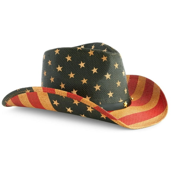 Straw Cowboy Hat American Flag for Men & Women - One Size, Red White & Blue Stars & Stripes - Durable Paper Straw & Wide Brim for Costume Party & Western Events - Cowboy Hat Men