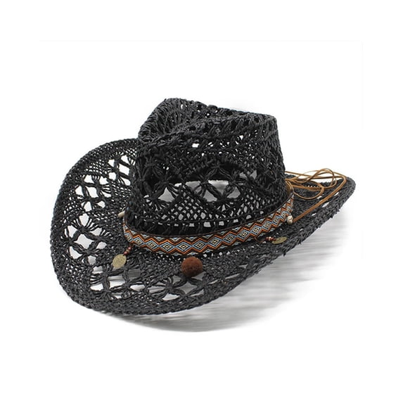 Straw Cowboy Hat Cowboy Hats Wide Brim Western Cowboy with Decorative Band 05 Black