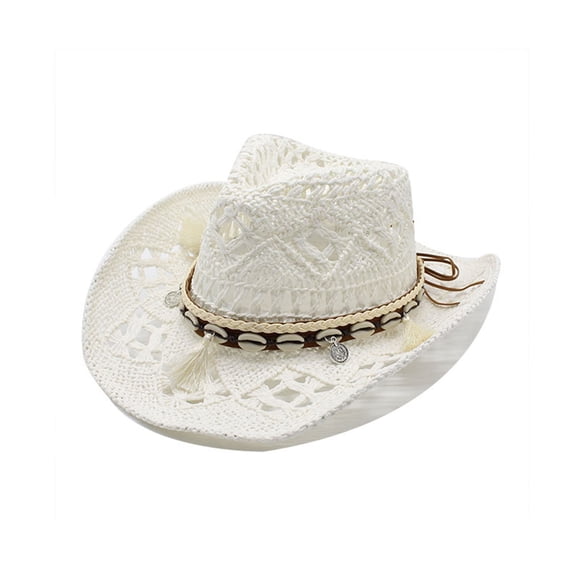 Straw Cowboy Hat Cowboy Hats Wide Brim Western Cowboy with Decorative Band 06 White