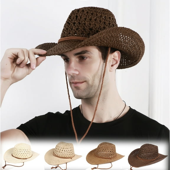 Straw Cowboy Hat, Floppy Sun Hat Wide Birm Fedora Panama Hat for Summer Beach Travel Golf Garden