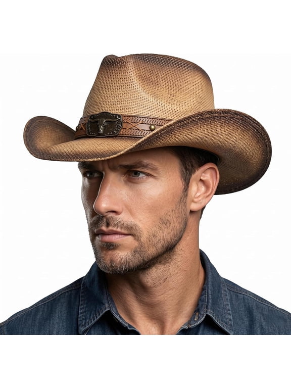Straw Cowboy Hat for Men Women, Western Wide Brim Cowgirl Hat Classic Western Look, Rodeos, Ranch Days, Country Concerts, Western Parties, Festivals, Outdoor Wear, US Hat Size 7 1/4–7 3/8