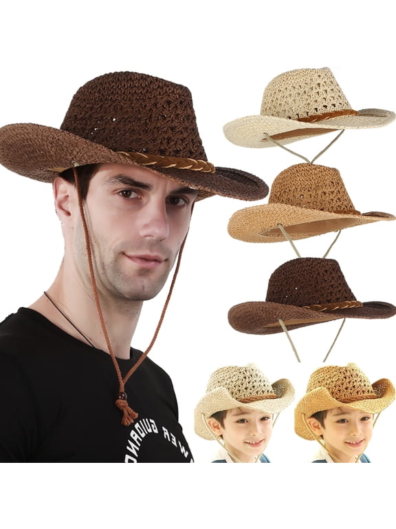 Straw Cowboy Hat Wide Brim Sun Hat Cowgirl Summer Panama Hat with Chin Strap Men Women KidTravel Outdoor Famliy Hat