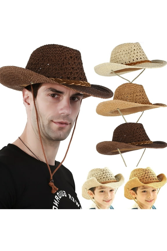 Straw Cowboy Hat Wide Brim Sun Hat Cowgirl Summer Panama Hat with Chin Strap Men Women KidTravel Outdoor Famliy Hat