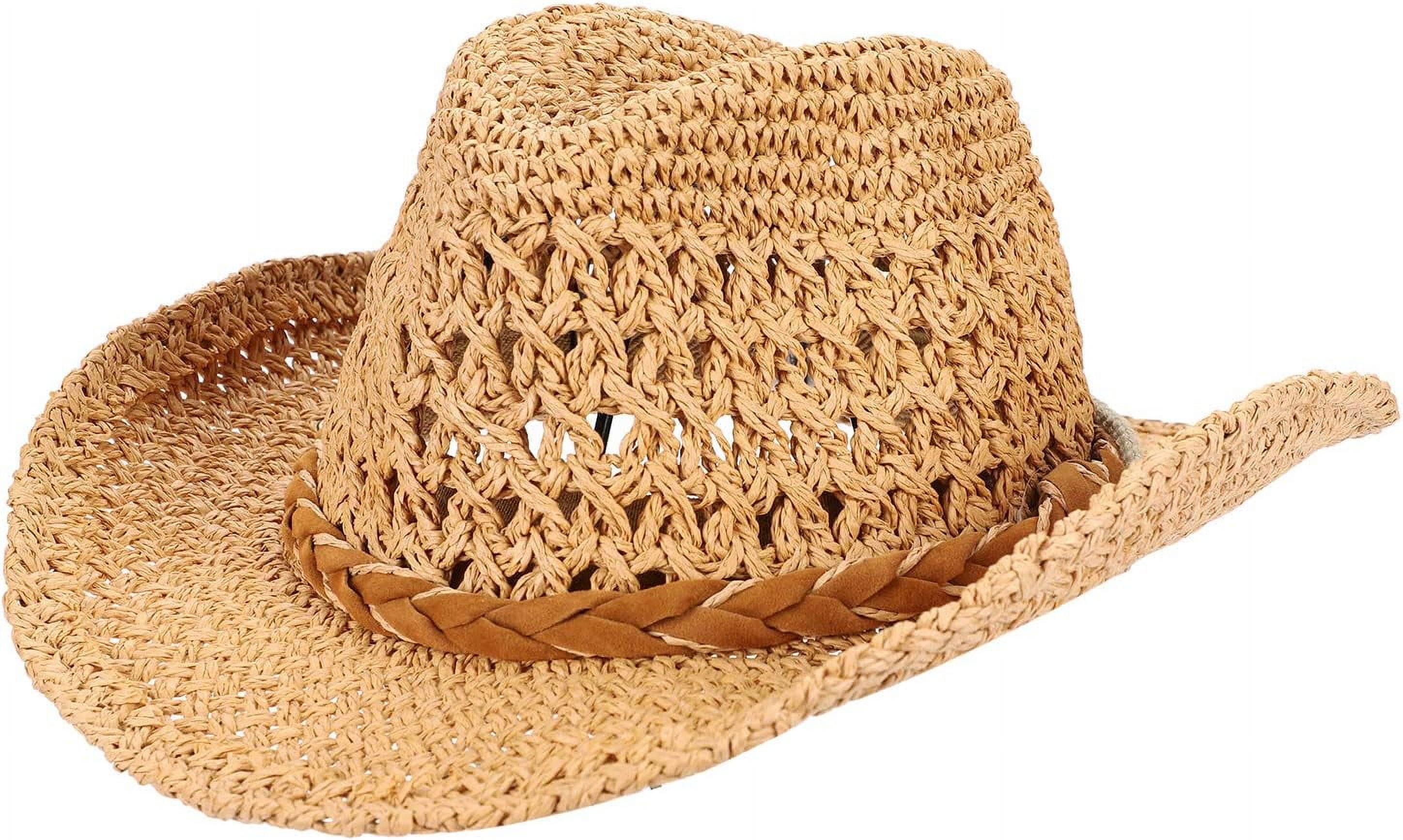 7128 Straw Cowboy Hat Wide Brim Sun Cowgirl Summer Panama With Chin Strap Wide Brim Palm Straw Vented Cowboy Sun Hat W/Chin Strap  main image 3