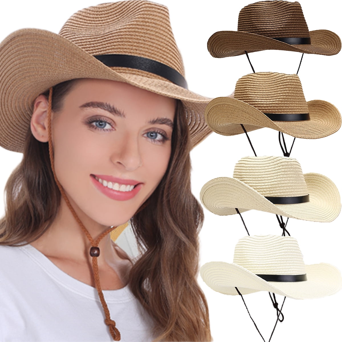Straw Cowboy Hat for Men Women Beach Sun Hat Wide Brim 