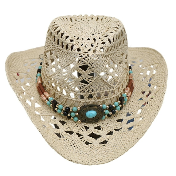 Straw Cowboy Hat for Women and Men with Decorative Bands, Hollow Western Cowboy Hat