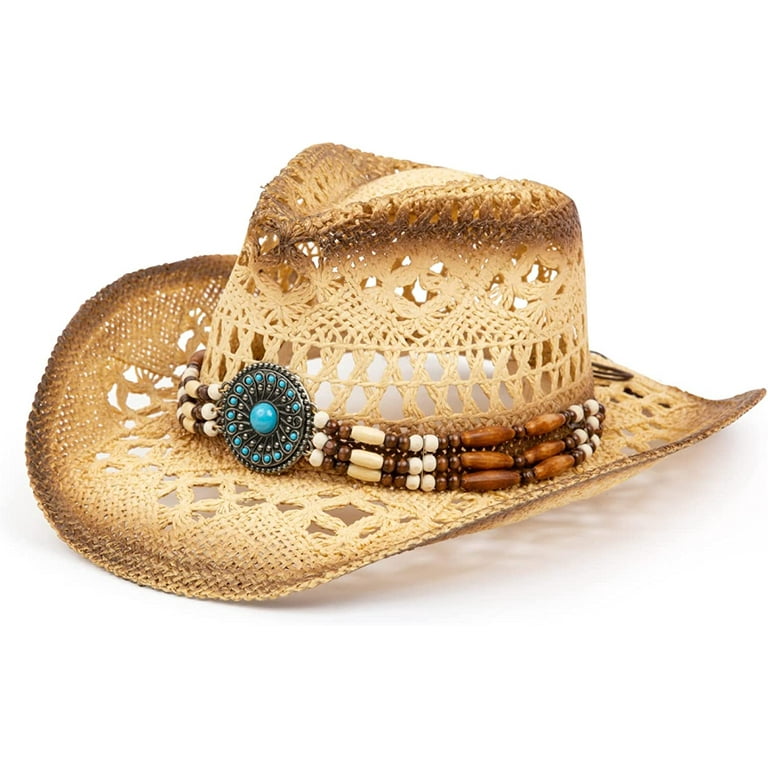 Turquoise Beads Men & Women's Cowboy Cowgirl Hat - Western Hats for Women,  Adjustable Cowboy Hat Men with Wide Brim