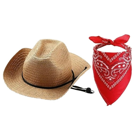 Celivon Straw Cowboy Hats Bandanas Set Western Party Hat