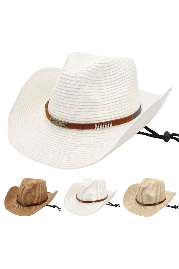 Straw Cowboy Hats for Men Women , Western Cowgirl Hat Women Wide Brim Fedora for Beach(White)