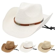 Straw Cowboy Hats for Men Women , Western Cowgirl Hat Women Wide Brim Fedora for Beach(White)
