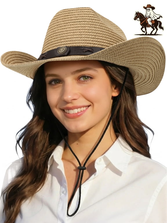 Cowboy Hat for Women Sun Straw Hat Summer Foldable with Adjustable Strap, Khaki