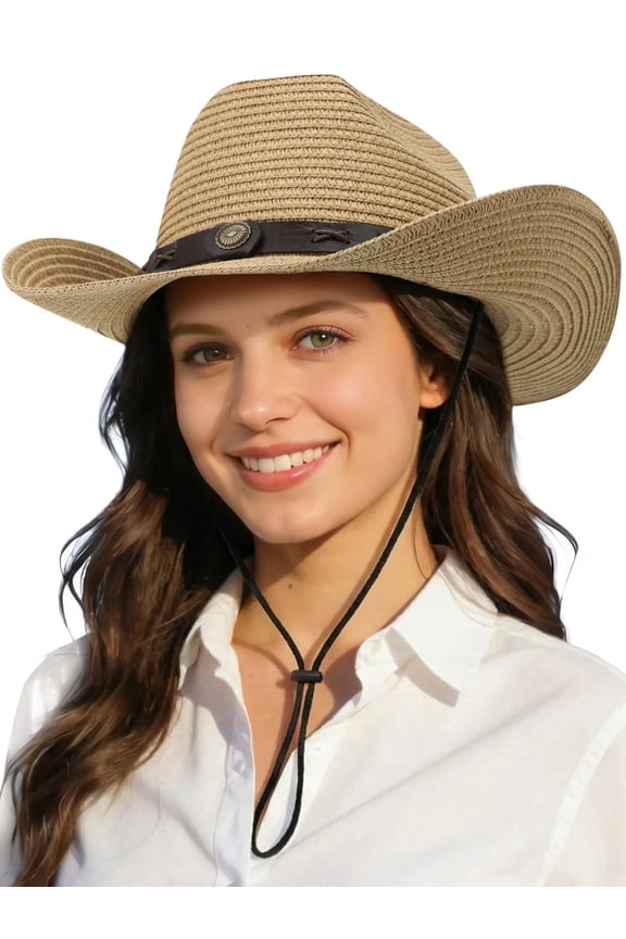Women Sun Hat Summer Cowboy Straw Hat for Women Foldable with Adjustable Strap, Khaki