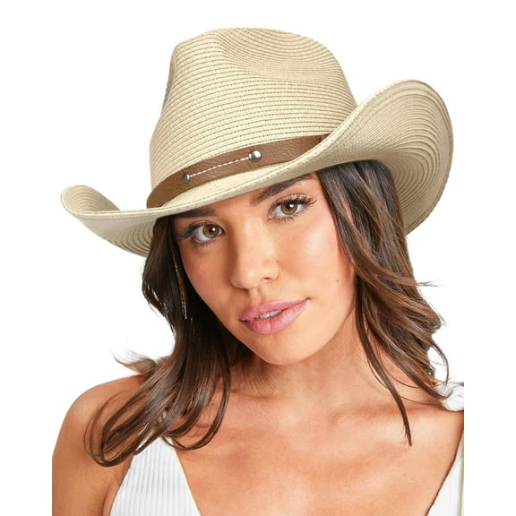 Straw Cowboy Sun Hats for Women Men Western Cowgirl Hats with Wind Lanyard UPF 80+ Beach Hat Khaki