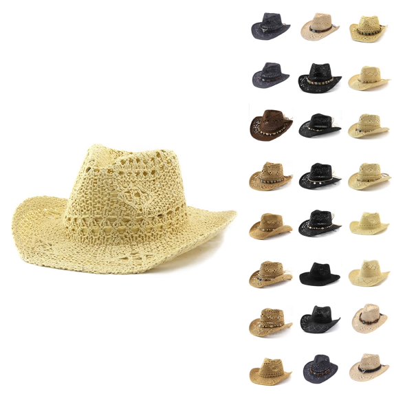 Straw Cowgirl Hat, Western Cowboy Hat, Wide Brim Sun Beach Hat for Men and Women