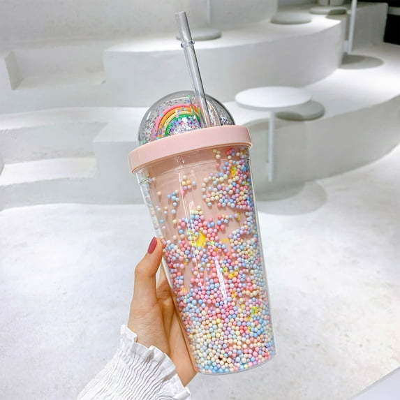 Straw Cup 550ml Summer Colorful Plastic Double Wall Insulated with Lid Hard Straw Youthful Portable Leakproof Cold Drink Water Juice Girl Student