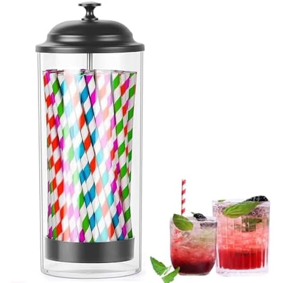 Straw Dispenser with Stainless Steel Lid, Plastic Straw Holder for Counter, Drinking Straws Container for Kitchen, Bar, Store, Restaurant, Holds Straws up to 8.5 Inches