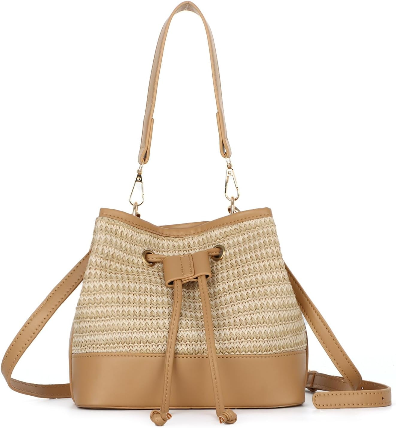 Straw Drawstring Shoulder Bag Bucket Bag for Women Summer Handwoven Beach Vacation Handbag Crossbody Bag