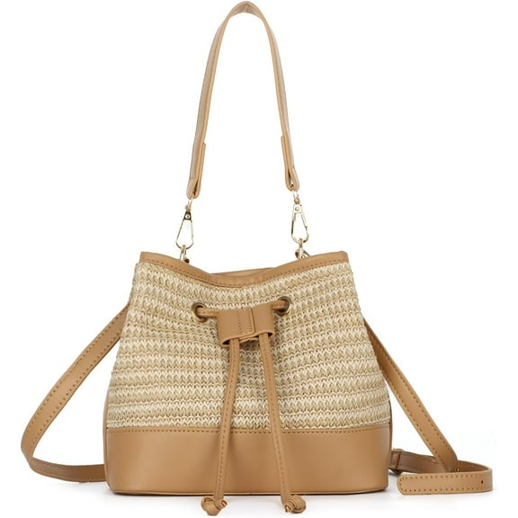 Straw Drawstring Shoulder Bag Bucket Bag for Women Summer Handwoven Beach Vacation Handbag Crossbody Bag