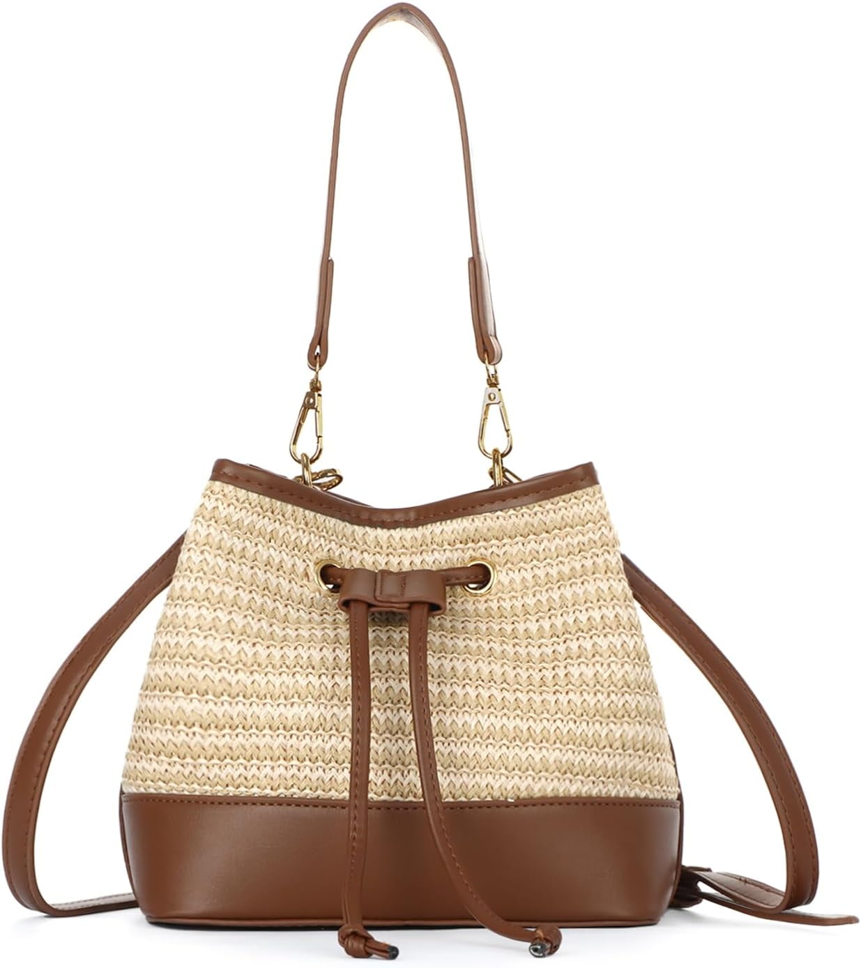 Straw Drawstring Shoulder Bag Bucket Bag for Women Summer Handwoven Beach Vacation Handbag Crossbody Bag