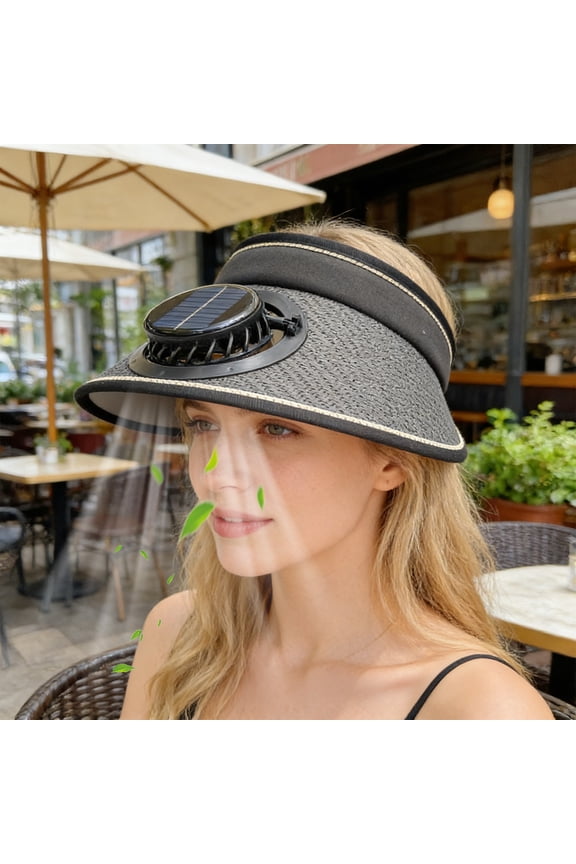 Straw Fan Hat with Solar/USB Charging, Wide Brim Sun Visor With Ventilated Top for Outdoor, Adjustable Headband (48-56cm), Lightweight Breathable, Summer Sun Protection Hat, Black