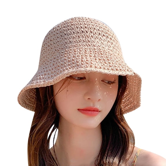 Straw Fedora Hat CQXIDFH Foldable Packable Straw Hat, Wide Brim Crochet Floppy Sun Hat, Hand Woven UV Protection Bucket Cap, Lightweight Summer Headwear for Beach Vacation Outdoor Travel (Pink, M)