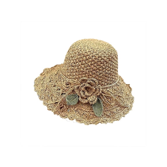 Straw Fedora Hat CQXIDFH Ruffle Crochet Sun Hat, Elegant Wide Brim Beach Cap, Lightweight Summer Outdoor Headwear, Beret Hat (Khaki, One Size)