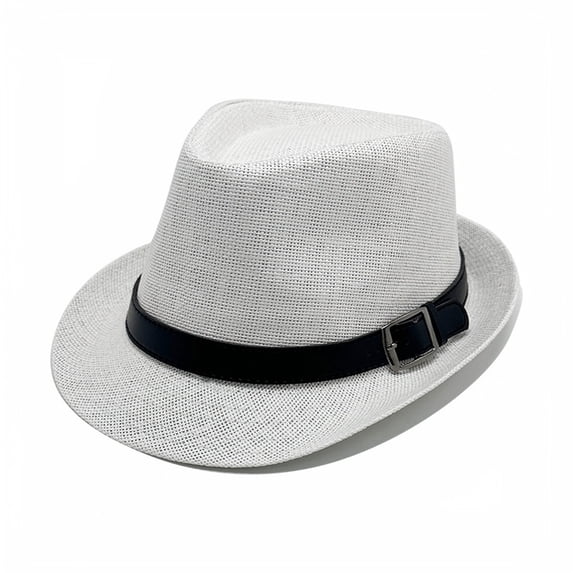 Straw Fedora Hat with Leather Buckle – Classic Short Brim Summer Sun Hat for Men & Women – Breathable Lightweight Panama Style Beach Cap for Vacation, Travel & Daily Wear – White