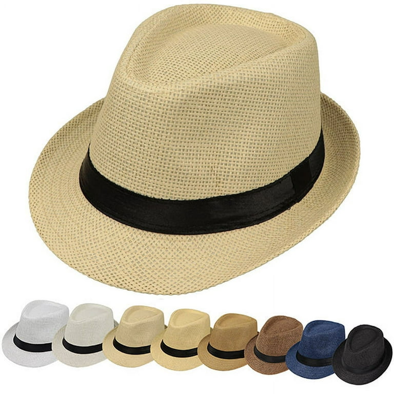 Straw Fedora Hat Mens Fedora Hats for Men Trilby Hat Sun Hat Panama Hat  Wool(Beige,58cm)