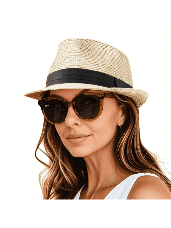 Straw Hat for Women Men Packable Short Brim Roll up Trilby Hat Summer Beach Sun Hat UPF 50+