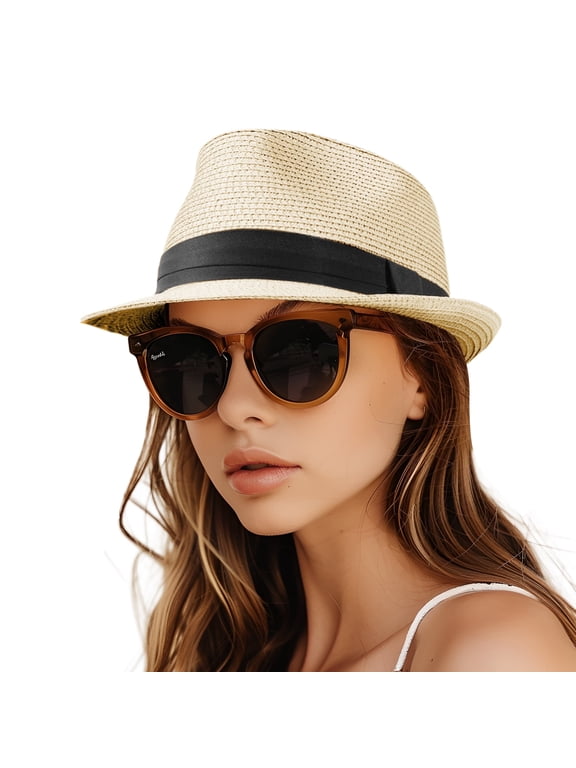 Straw Fedora Hat for Women Men Packable Short Brim Roll Up Trilby Hat Panama Summer Beach Sun Hat UPF 50+