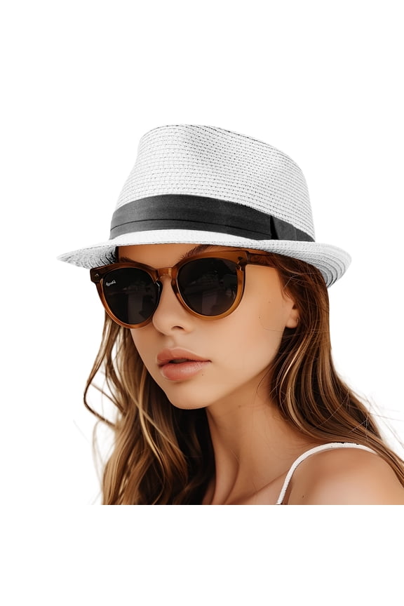 Straw Hat for Women Men Packable Short Brim Roll up Trilby Hat Summer Beach Sun Hat UPF 50+
