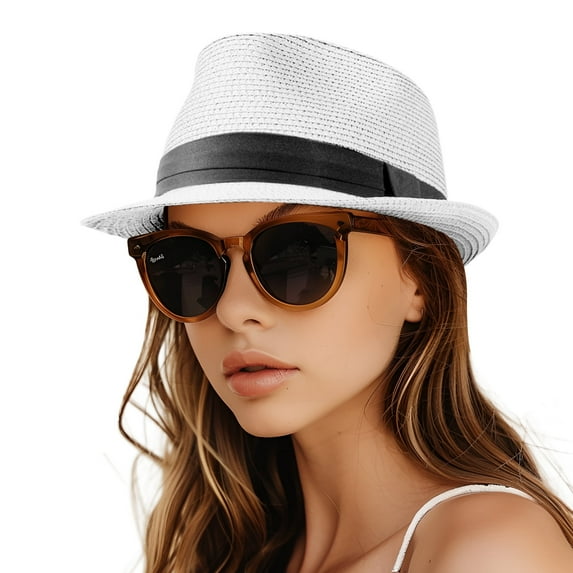 Ohebi Straw Hat for Women Men Packable Short Brim Roll up Trilby Hat Summer Beach Sun Hat UPF 50+
