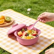 Straw Fiber Soup Bowl With Lid And Spoon Microwave Safe Double Handle Rice Bowl For Home Kitchen Daily DiningPink