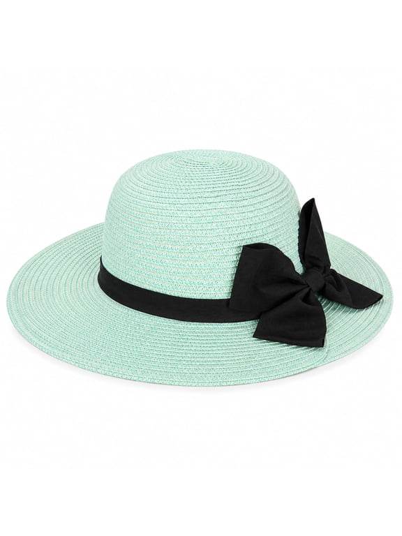 Womens Teal Wide Brim Straw Sun Hat with Ribbon Bow, Packable Floppy Beach Hat for Vacation and Travel